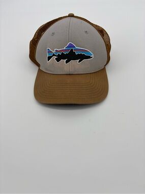 Patagonia Fitz Roy Trout Trucker Hat Mens Gray Brown Fly Fishing Cap Snapback